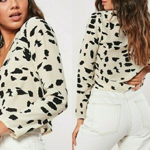 Japna V-Neck Cream and Black Cow Splatter Print Crop Blouse Size Large